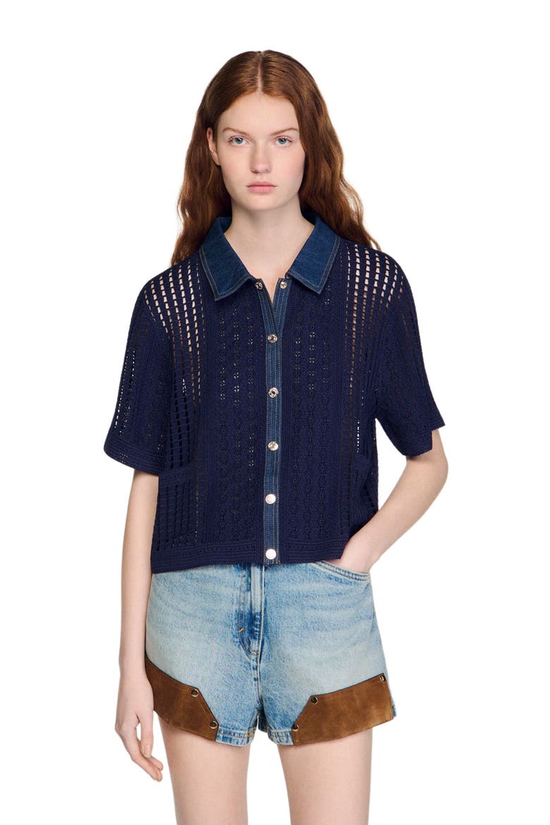 Crochet and denim cardigan, Main, color, Navy blue