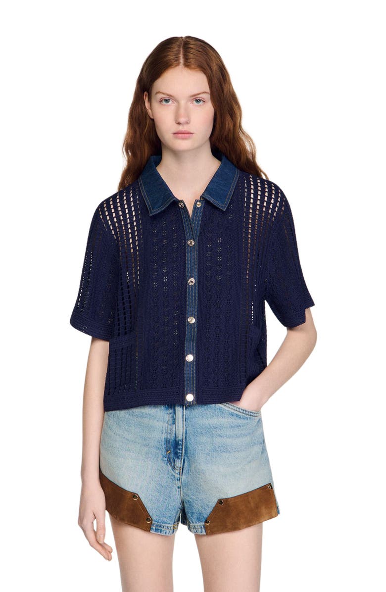 SANDRO Crochet and denim cardigan, Main, color, Navy Blue