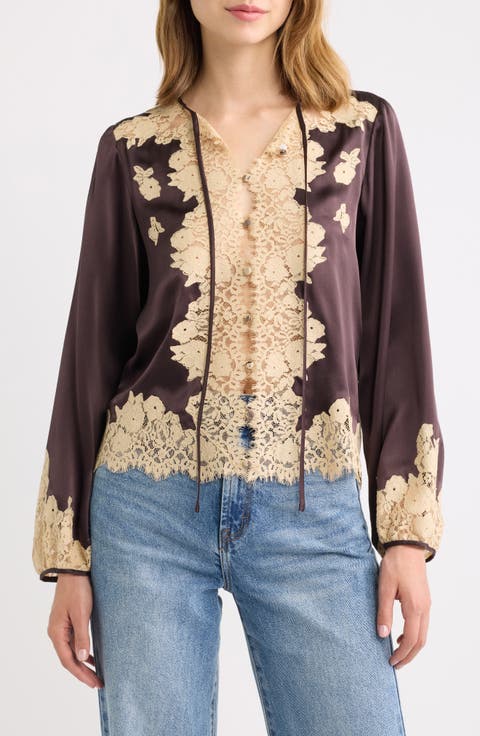 Lucine Lace Trim Silk Button-Up Shirt