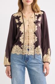 DÔEN Lucine Lace Trim Silk Button-Up Shirt