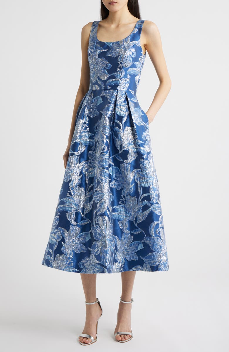 Tahari ASL Floral Brocade Midi Cocktail Dress, Main, color, Riverside Blue