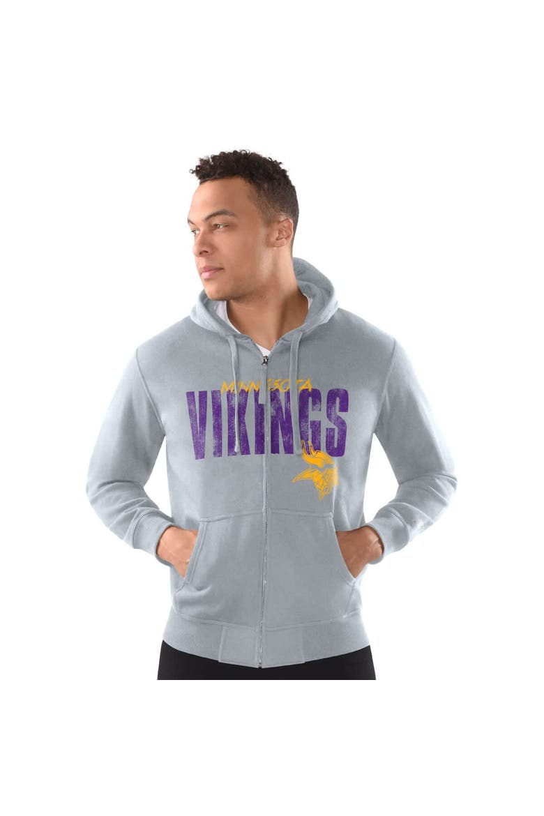 Men's Starter Heather Gray Minnesota Vikings Distressed Classic Full-Zip Hoodie, Main, color, Heather Gray
