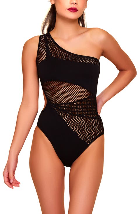 One-Shoulder Openwork Knit Seamless Teddy