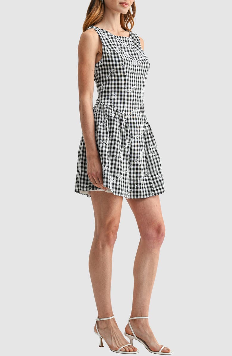All in Favor Embroidered Sleeveless Fit & Flare Dress, Alternate, color, Black Gingham