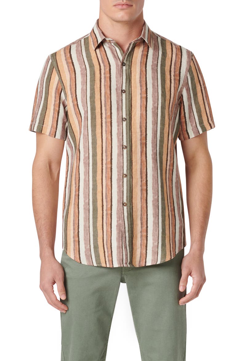 Orson Stripe Short Sleeve Linen Button-Up Shirt, Main, color, COPPER