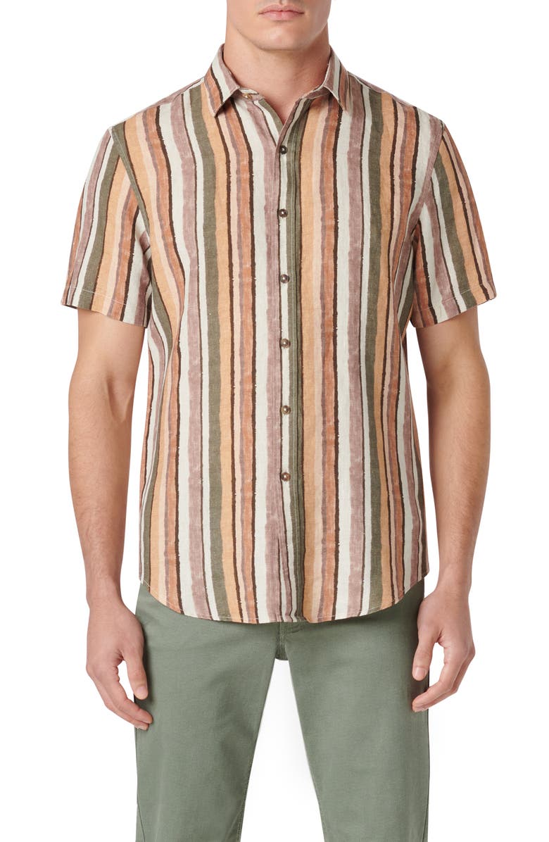 Bugatchi Orson Stripe Short Sleeve Linen Button-Up Shirt, Main, color, 