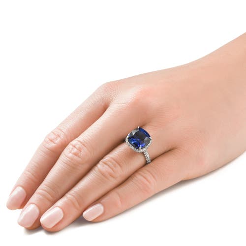 Bliss Diamond 8.50ct Tw Cushion Blue Sapphire & Pave Diamond Ring 14k Gold Lab Grown In Silver