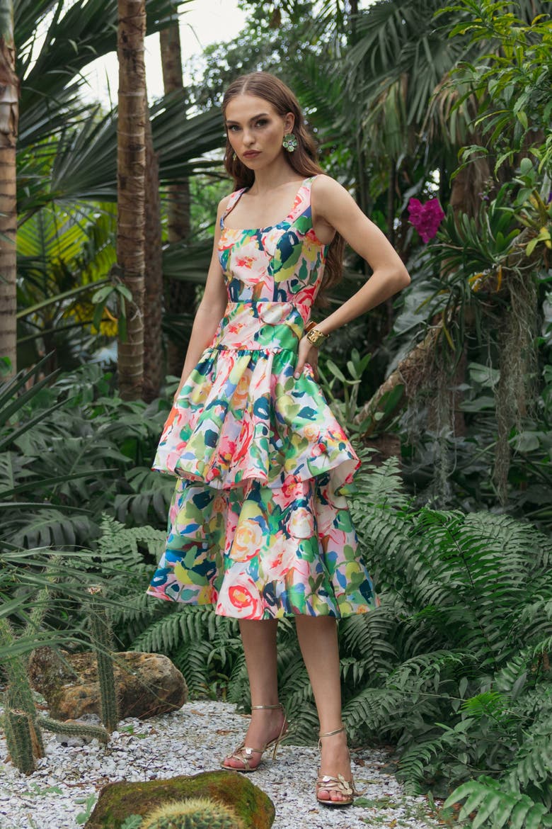Floral Mikado Sleeveless Ruffle Midi Dress, Alternate, color, Blue Multi