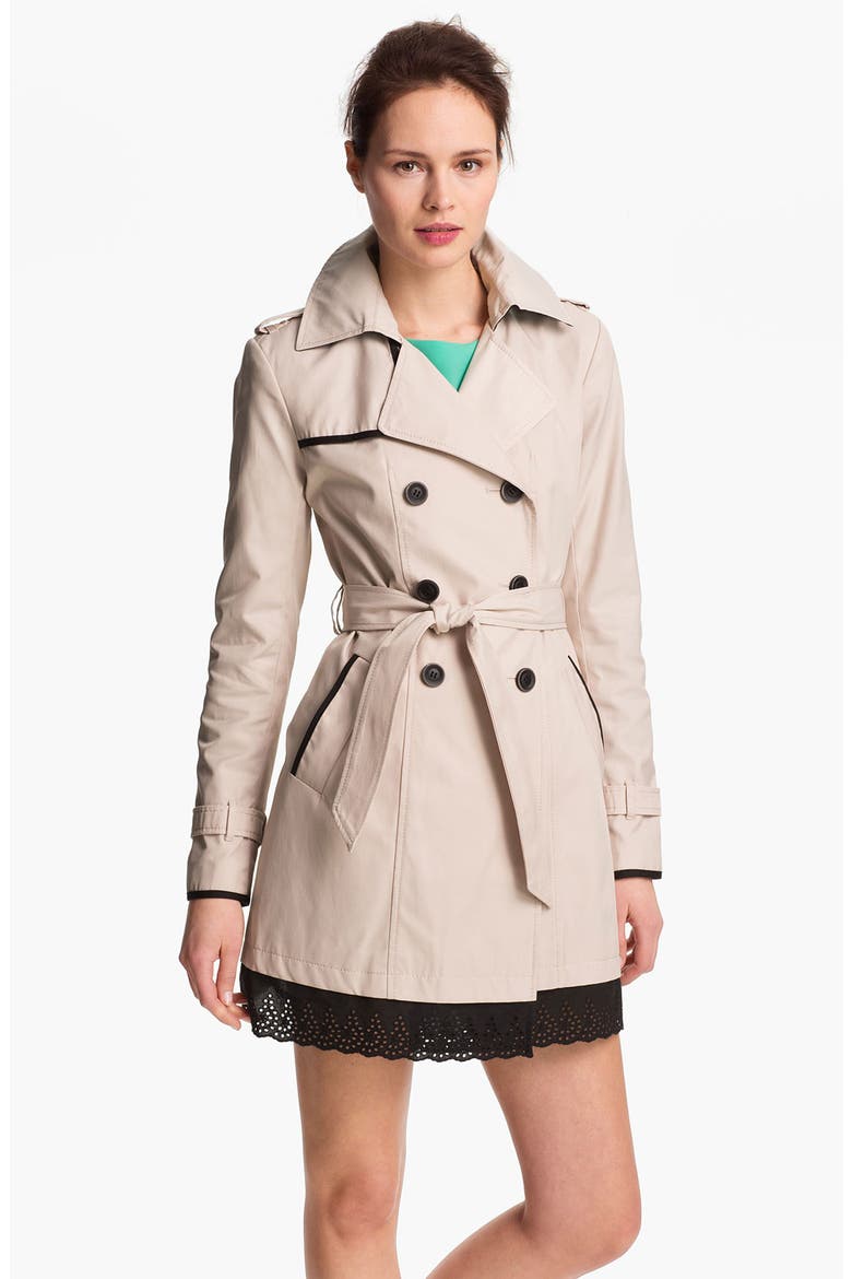 Eyelet Trim Trench Coat, Main, color, STONE/ BLACK