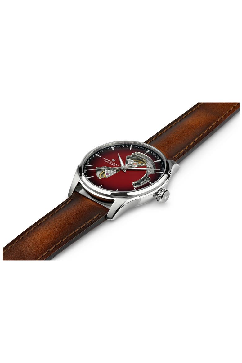 Jazzmaster Open Heart Automatic Leather Strap Watch, 40mm, Alternate, color, RED