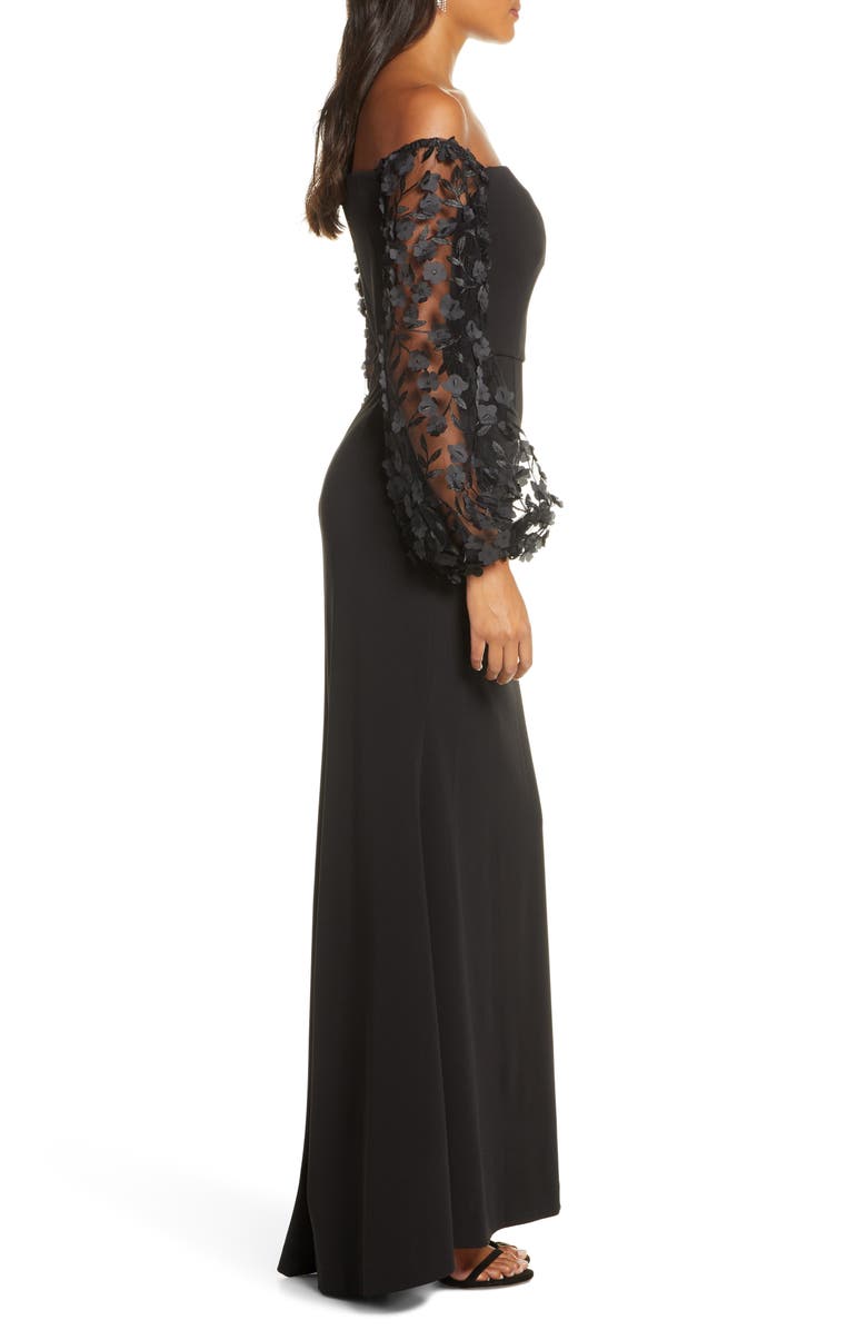 Eliza J Off the Shoulder 3D Floral Sleeve Scuba Crepe Evening Dress, Alternate, color, 