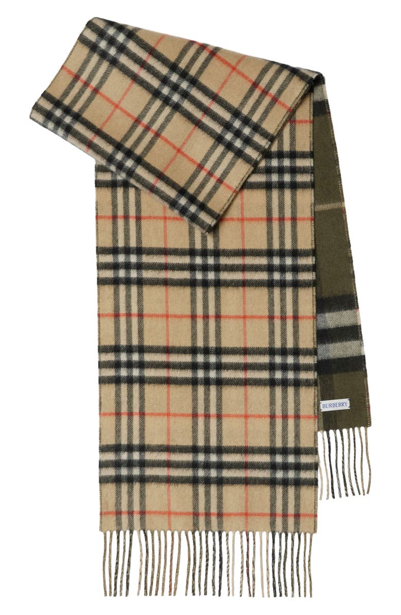 Burberry Reversible Check Cashmere Fringe Scarf, Alternate, color, 