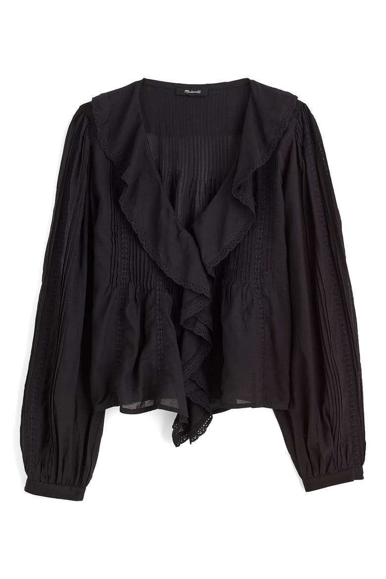 Lace Insert Ruffle Pintuck Long Sleeve Top, Alternate, color, JET BLACK