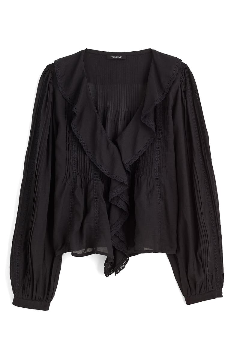 Madewell Lace Insert Ruffle Pintuck Long Sleeve Top, Alternate, color, Jet Black