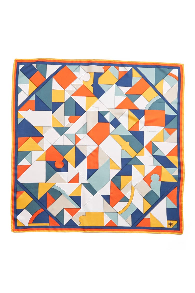 Fret Print Square Silk Scarf, Alternate, color, TIDAL WAVE