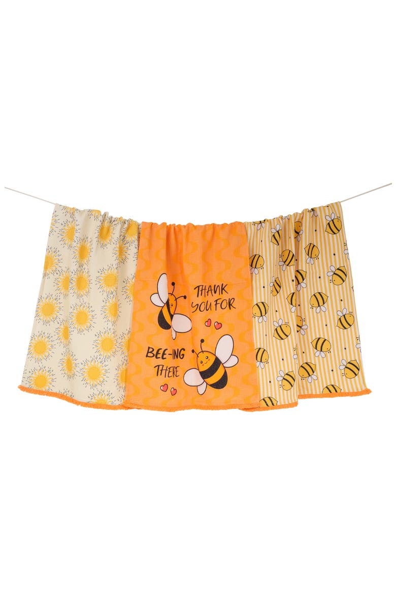 Bee-Ing There Set of 3 Kitchen Towels, Main, color, BRIGHT ORANGE/ SUNNY
