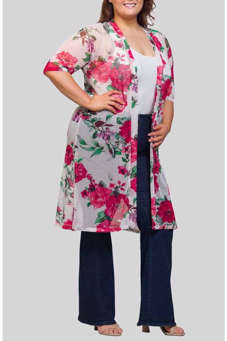 Rose Print Sheer Open Front Long Jacket, Main, color, WHITE MULTI