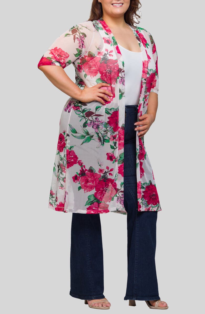 24seven Comfort Apparel Rose Print Sheer Open Front Long Jacket, Main, color, White Multi