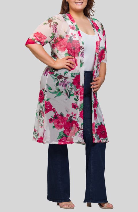 Rose Print Sheer Open Front Long Jacket (Plus)