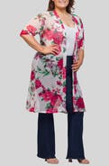 24seven Comfort Apparel Rose Print Sheer Open Front Long Jacket