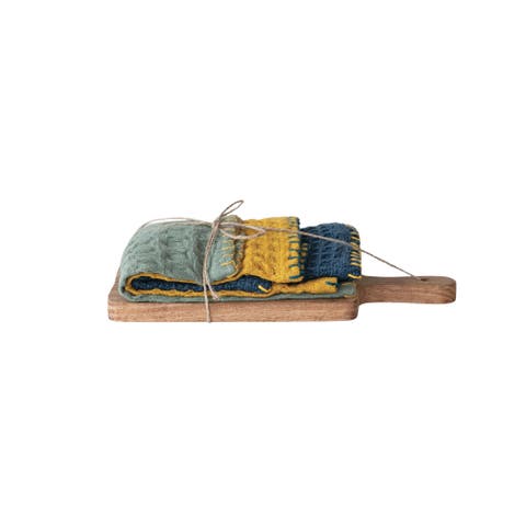 Cotton Dishcloth on a Mango Wood Board, Multicolor, Set of 3