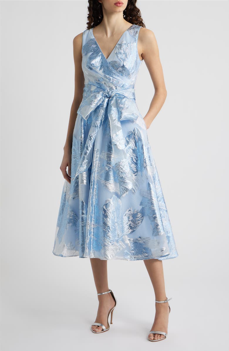 Eliza J Metallic Jacquard Wrap Bodice Cocktail Dress, Main, color, Periwinkle