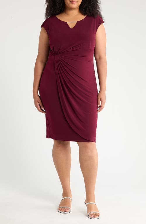 Connected Apparel Ruched Faux Wrap Cocktail Dress in Bordeaux 