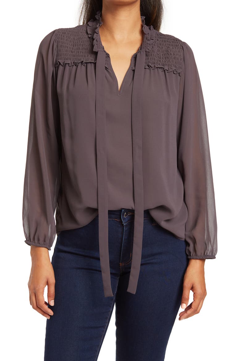 Long Sleeve Ruched Tie Front Top, Main, color, GUNMETAL