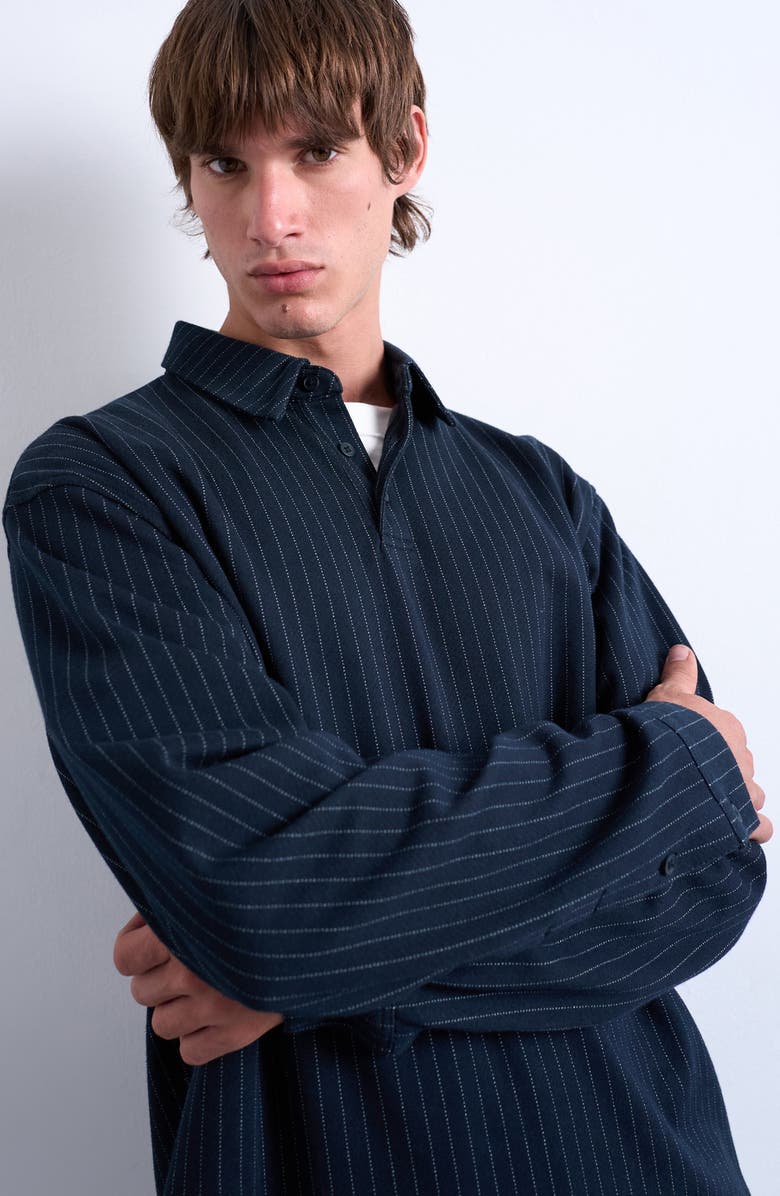 Topman Pinstripe Long Sleeve Polo, Alternate, color, Navy