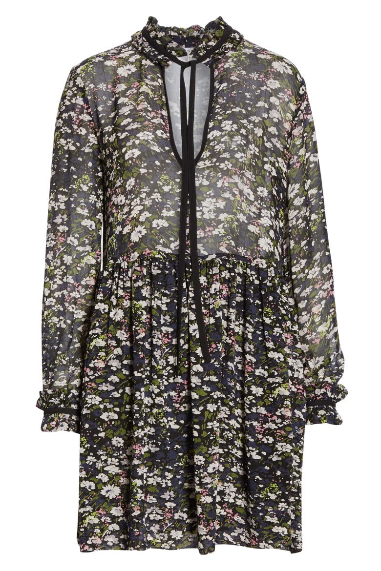 Long Sleeve Floral Print Georgette Dress, Alternate, color, BLACK