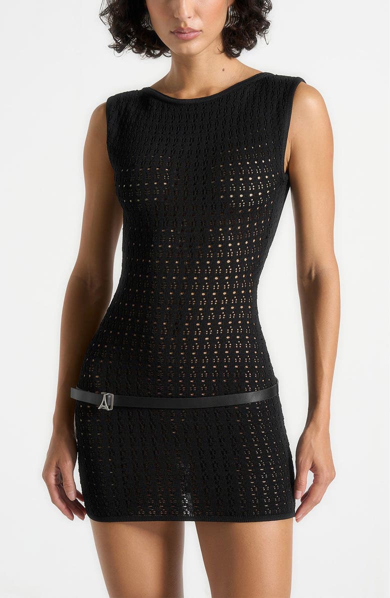 Manière De Voir Keyla Pointelle Mini Dress With Belt, Alternate, color, Black