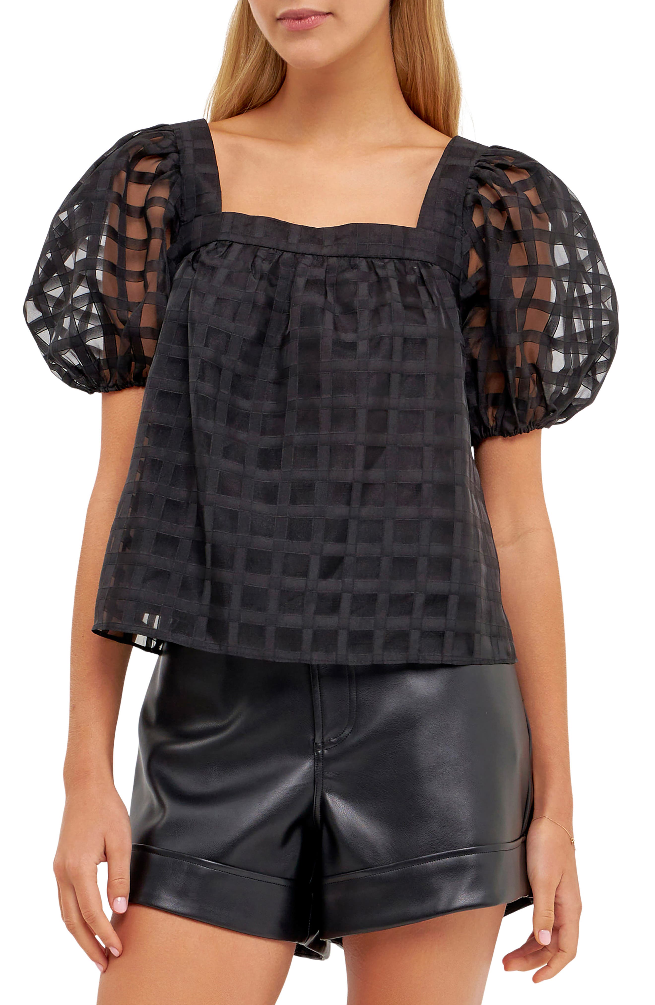 Grid Pattern Puff Sleeve Organza Top