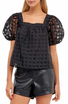 Grid Pattern Puff Sleeve Organza Top