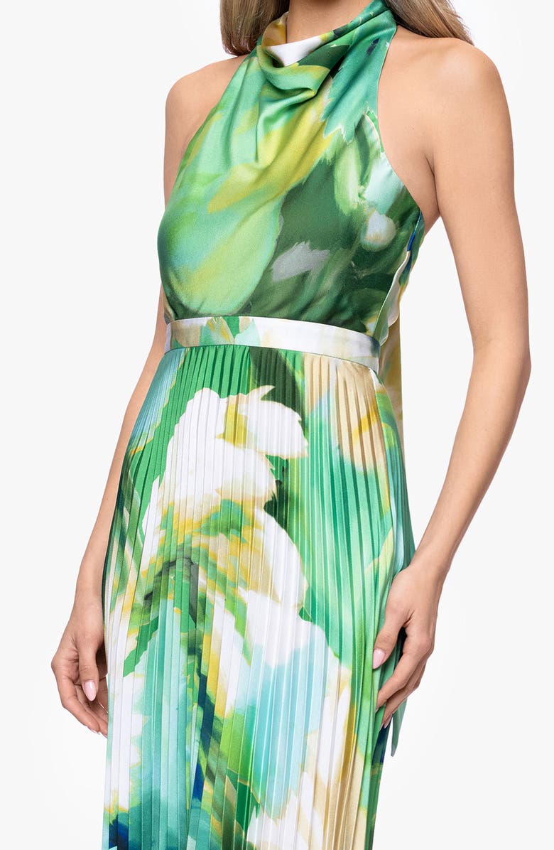 Betsy & Adam Cowl Neck Print Pleated Halter Gown, Alternate, color,