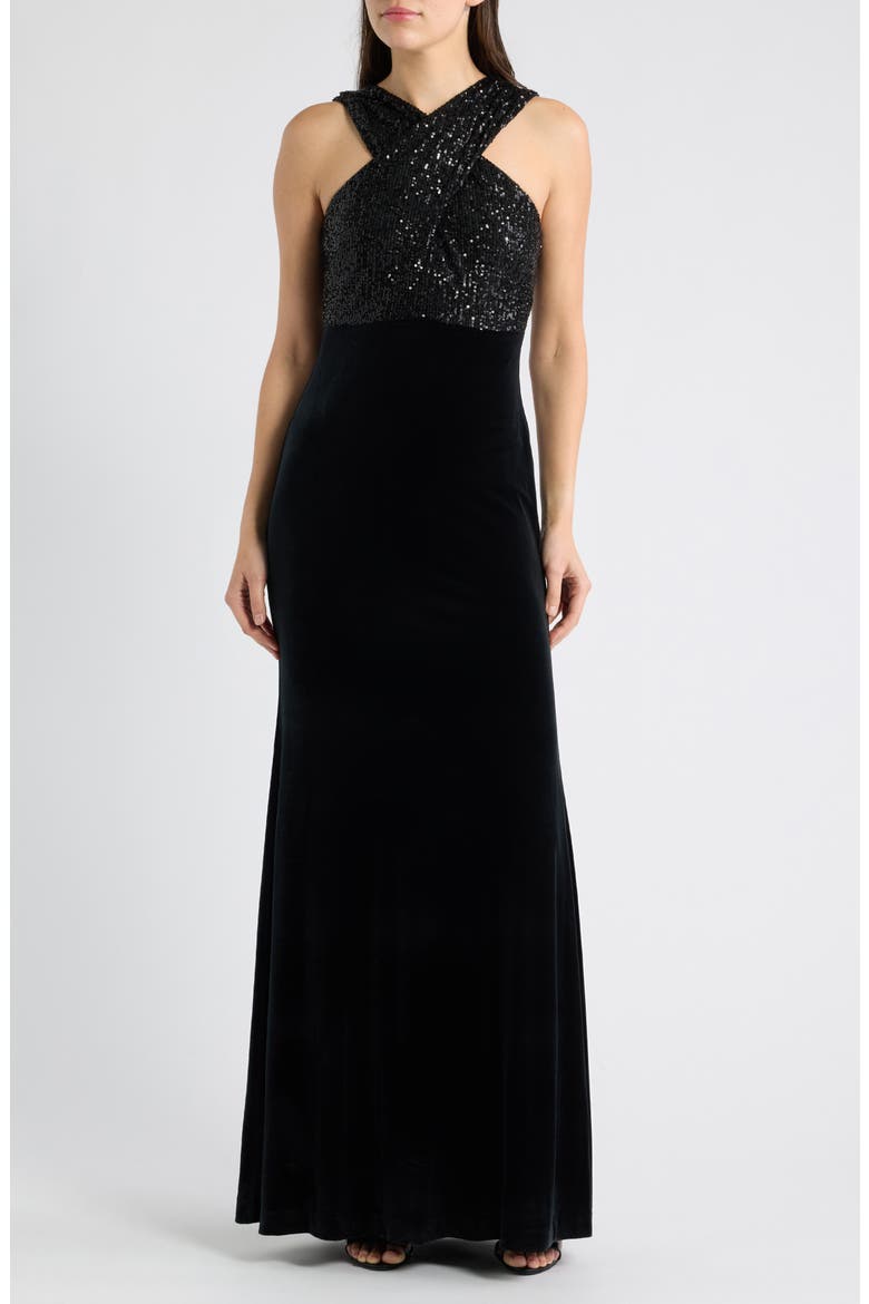 Sequin Cross Neck Mixed Media Gown, Main, color, BLACK
