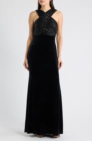 Eliza J Sequin Cross Neck Mixed Media Gown