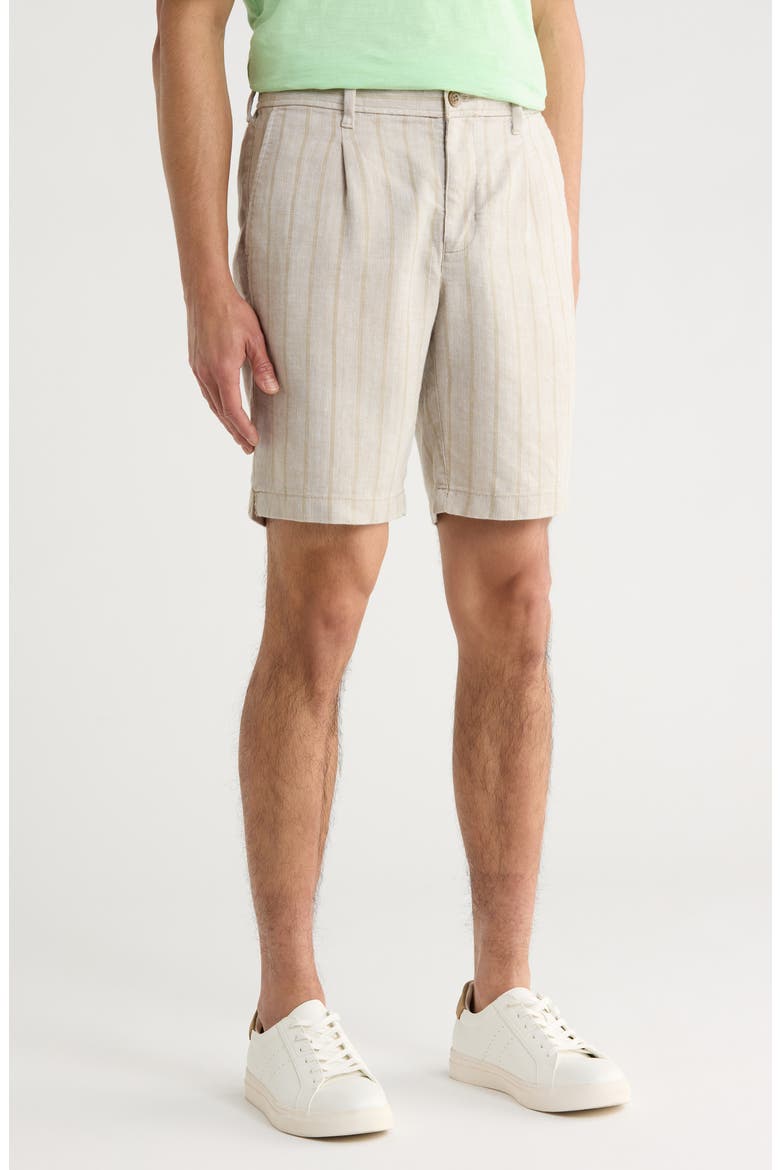 Isla Sands Pleated Stripe Linen Blend Shorts, Alternate, color, STONE KHAKI