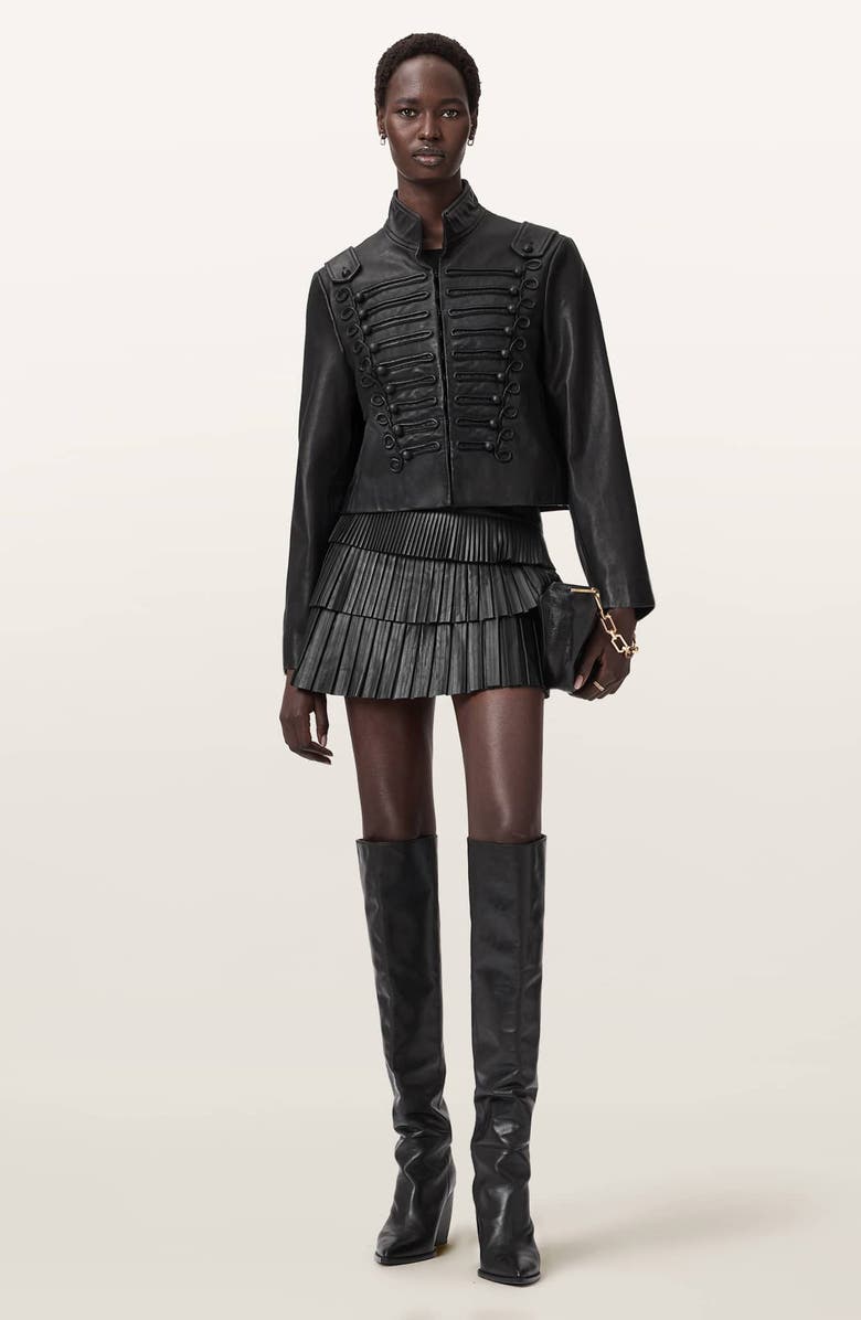 AllSaints Nara Pleated Leather Miniskirt, Alternate, color, Black