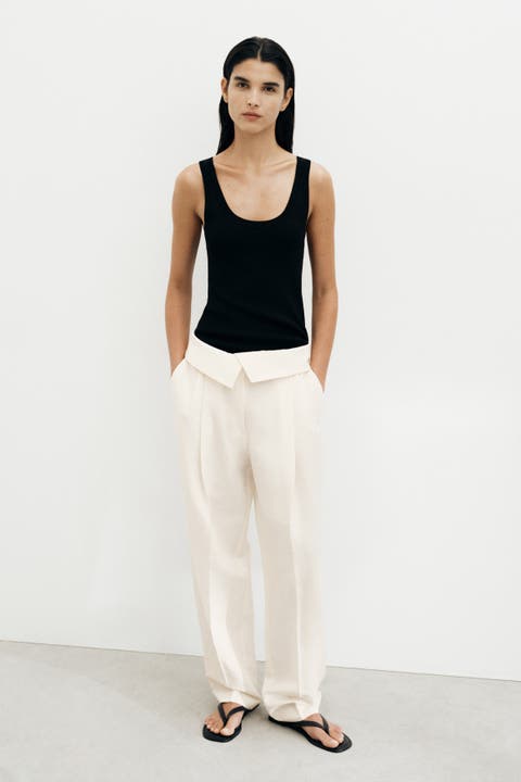 Foldover-waist Linen-blend Trousers