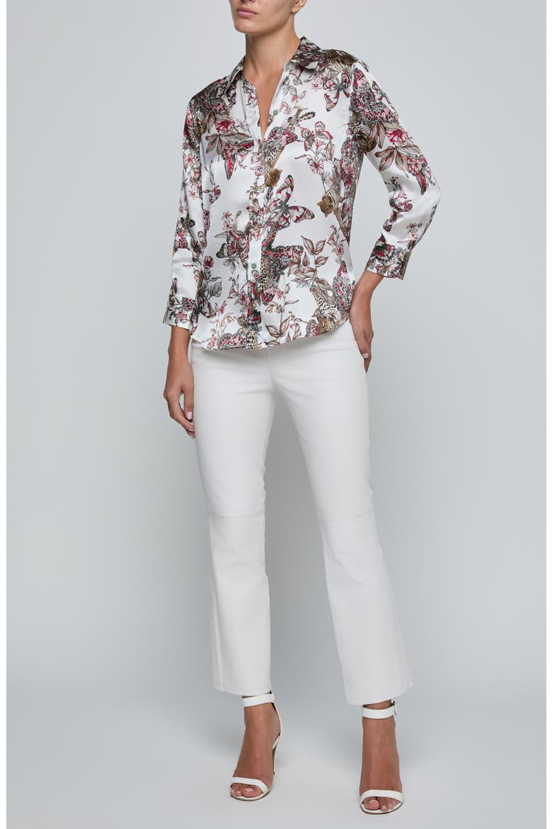 Dani Butterfly Print Three-Quarter Sleeve Silk Button-Up Shirt, Alternate, color, BUTTERFLY JUNGLE