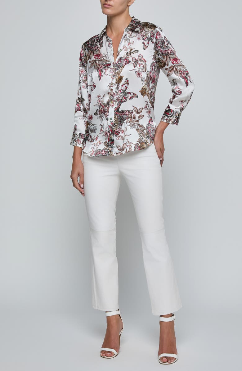 L'AGENCE Dani Butterfly Print Three-Quarter Sleeve Silk Button-Up Shirt, Alternate, color, Butterfly Jungle