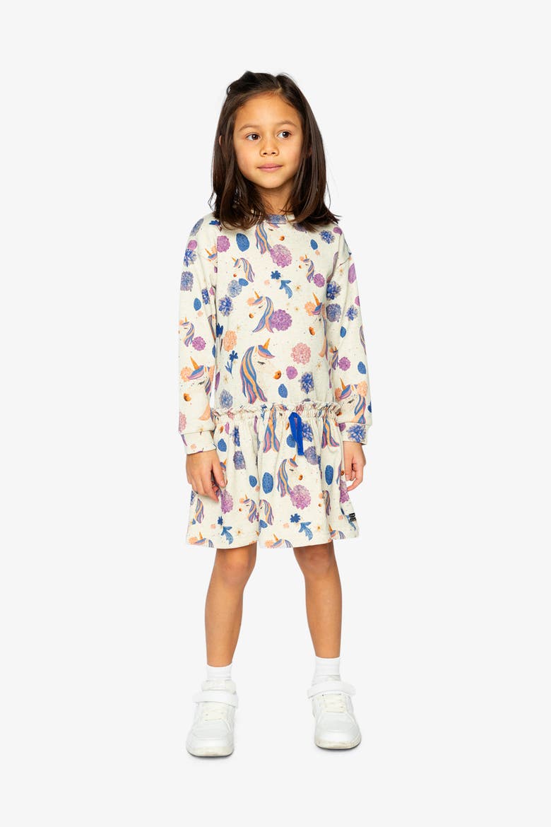 French Terry Long Sleeve Relaxed Dress, Alternate, color, Beige Unicorn Print