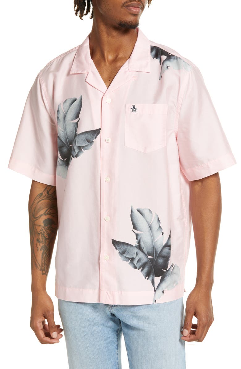 Original Penguin Men's Leaf Print Short Sleeve Lyocell & Cotton Button-Up Camp Shirt, Main, color, 