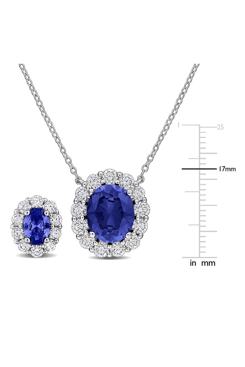 Halo Oval Cut Lab Created Blue Sapphire Stud Earrings & Pendant Necklace Set, Alternate, color, BLUE