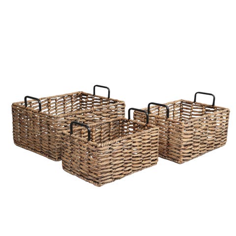 Handwoven Water Hyacinth Nesting Storage Baskets with Metal Handles (Set of 3)