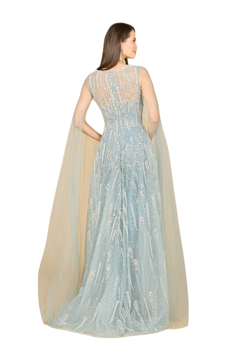 Lace Gown with Cape Sleeves and V-neckline, Alternate, color, DustyBlue