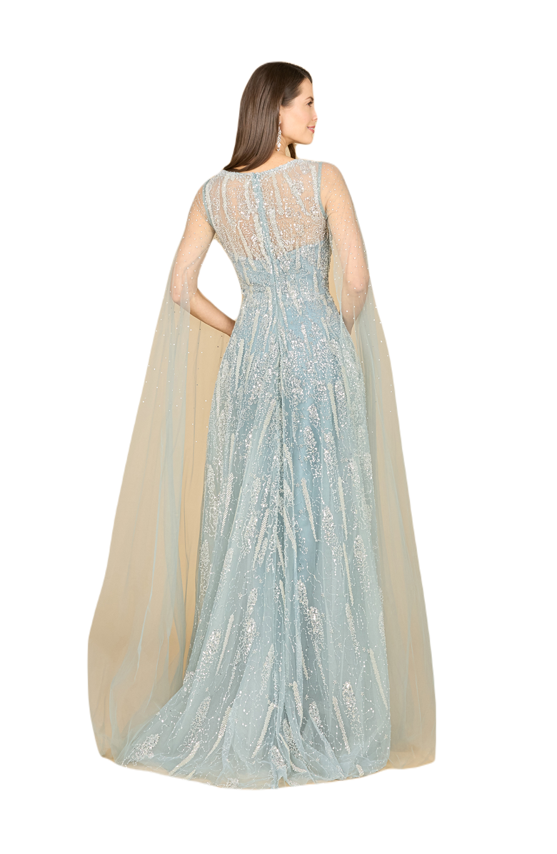 LARA New York Lace Gown with Cape Sleeves and V-neckline, Alternate, color, Dustyblue
