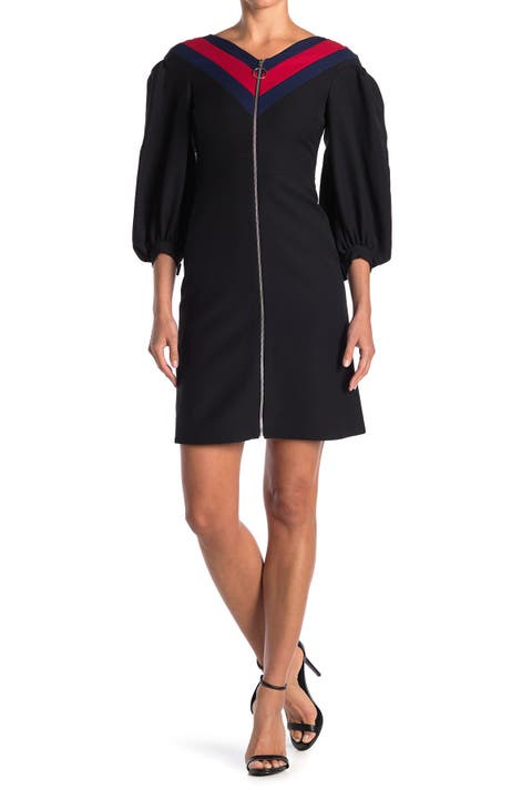 Wool & SIlk Blend Zip Front Blouson Sleeve Dress