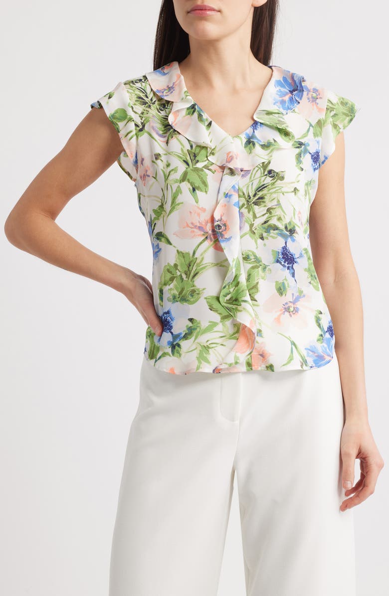 Tahari ASL Floral Ruffle Front Top, Main, color, 