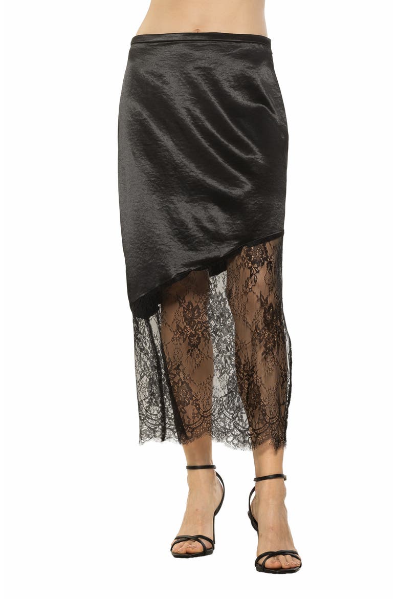 Noelle Lace Trim Midi Skirt, Alternate, color, BLACK